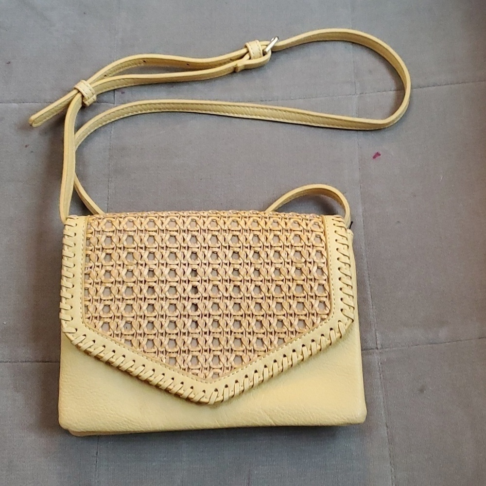 Street Level vegan leather straw detail yellow crossbody bag